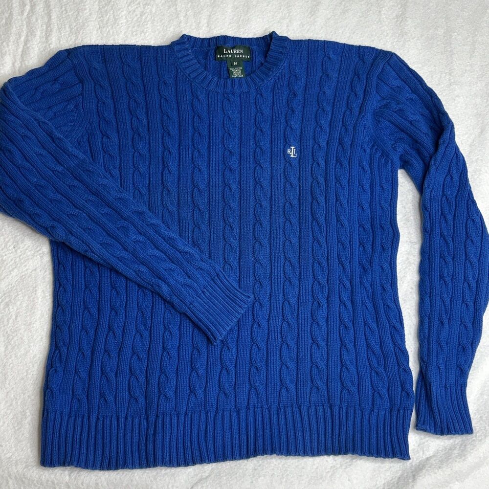 Lauren Ralph Lauren Cable Knit Sweater Medium Royal Blue Cotton Crewneck Coastal